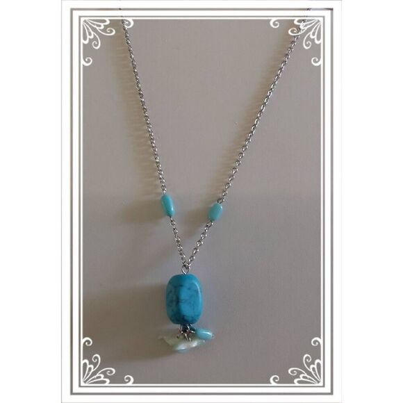 Pretty Genuine Silver Turquoise Bead Gemstone & Chips Necklace - Picture 1 of 2